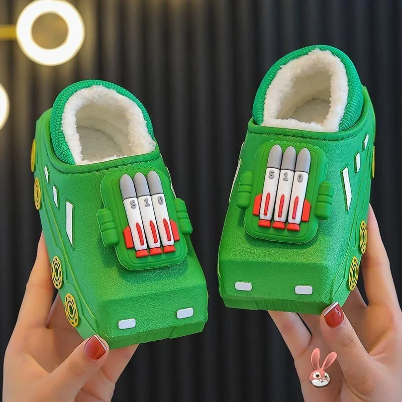 

Thiened Fce Children's Cotton Slippers Indoor Home oes for Boys Cartoon Tank Car Design Fall Winter Warm Floor Slippers