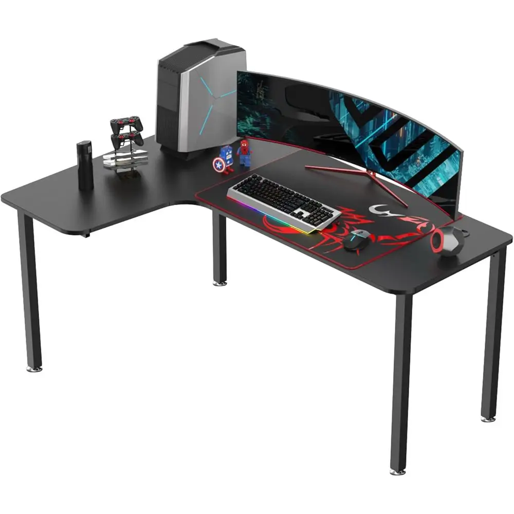 

60 L-Shaped Black Desk - Home Office Gaming & Study Workstation with Metal Legs and Side Storage