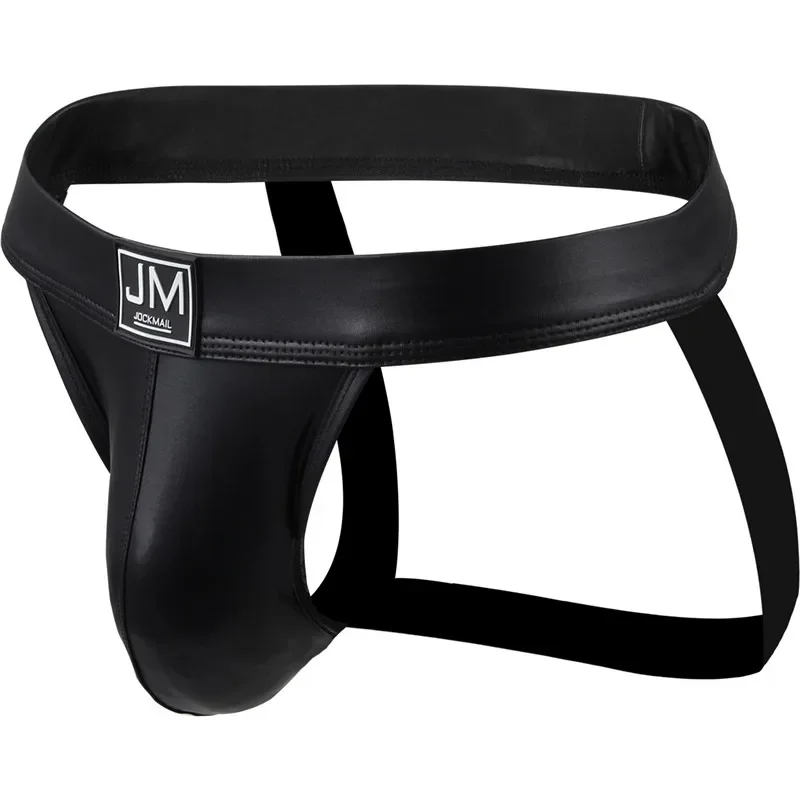 Jockmail Jockstrap Men\'s Briefs Sexy Underwear Low Waist Faux Leather Thong Panties Elastic Underpants Male Gay Penis Pouch