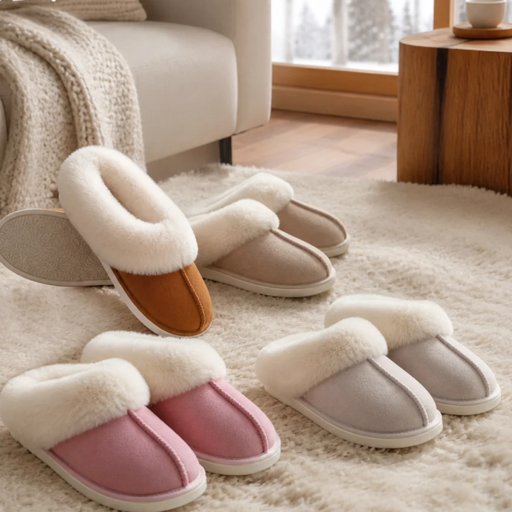 4-Color Furry Slippers with Large Fur Trim, Fleece-Lined, Warm Cotton Slippers for Winter and Autumn, Comfortable and Non-Slip for Indoor Use, Unisex, Multiple Sizes, Couple's Style