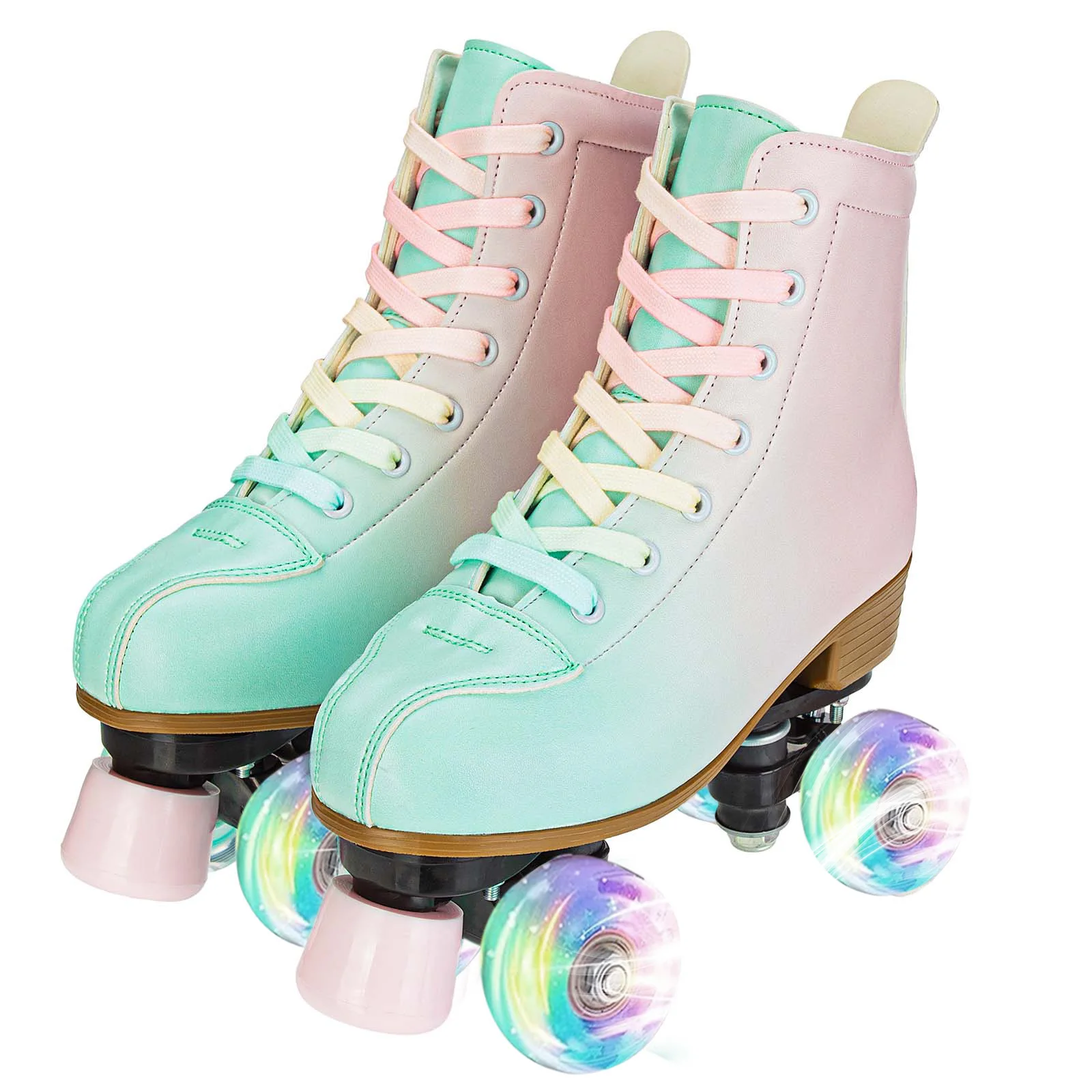 Double Row Roller Skates Sapatos para adultos e crianças, Quad Sneakers, Treinamento, Camurça, Verde, Rosa, 4 Rodas, Tamanho 32