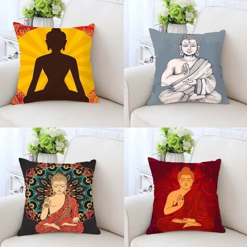 Decorative Pillow Case Buddha Statue Gold Zen Meditation Elephant Mandala Home Jacquard Square