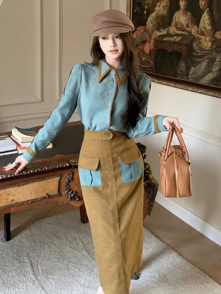 High Quality Autumn French Vintage Fashion 2 Piece Sets Women Outfit Korean Temperament OL Shirt Blouse Tops + Long Skirt Suits