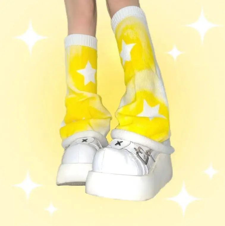 Calentador de piernas de estrella amarilla para mujer y niña, calcetines Kawaii japoneses, cubierta de pie, Mangas de pierna, Mangas de rodilla, lindo gatito, Y2k, Harajuku