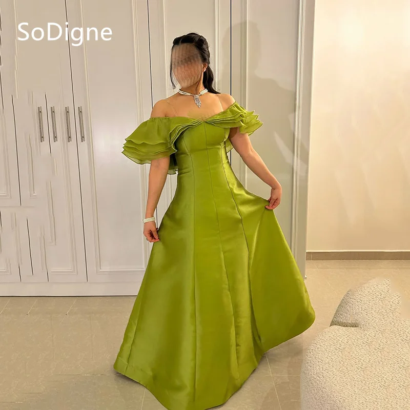 

SoDigne Elegant A-Line Satin Evening Dresses Chiffion Ruffles Off The Shoulder Party Dress Pleated Formal Occasion Prom Gowns