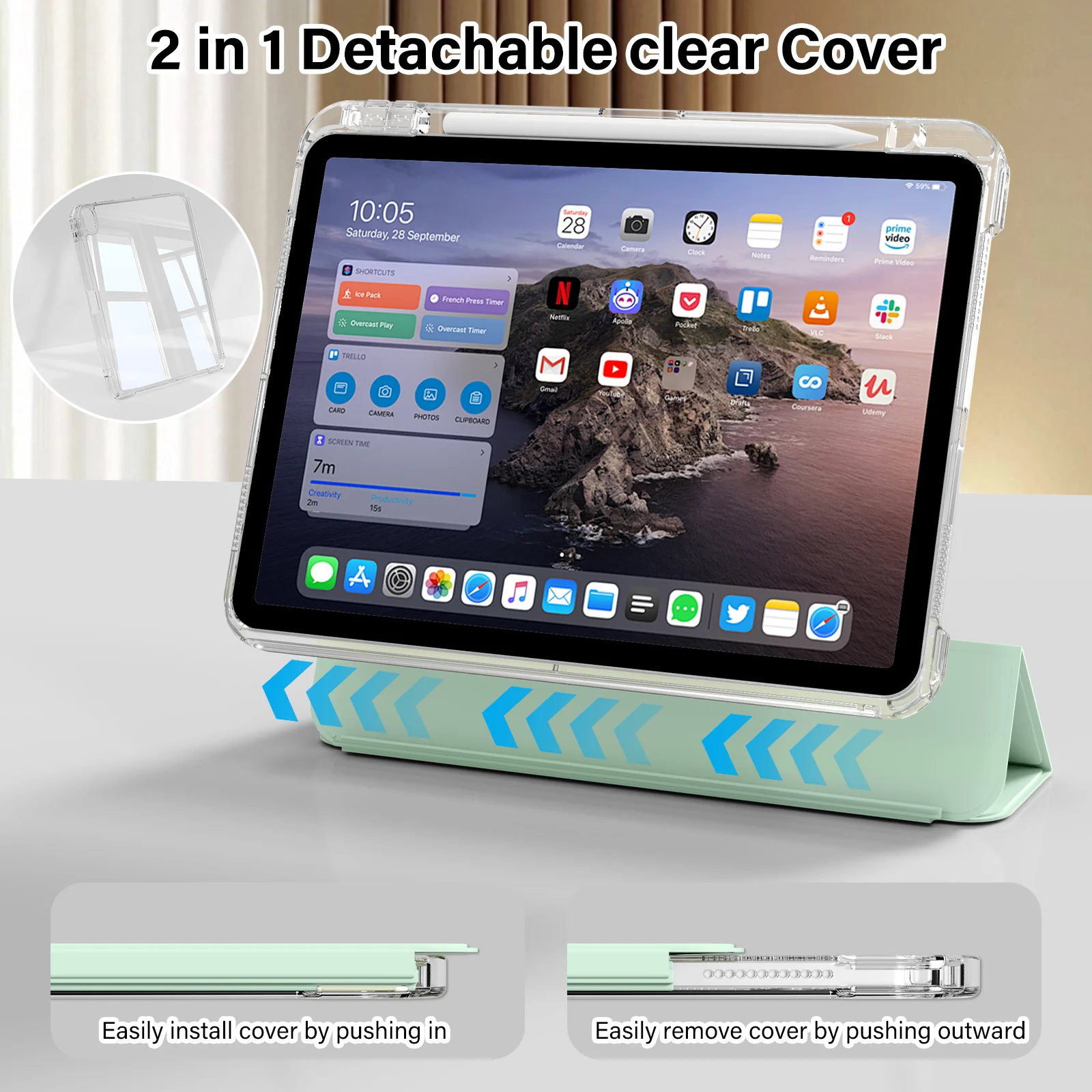 RBP for iPad A16 10/11 with Clear Hard Back Shell Case, For iPad Pro 11 13 12.9 M2 M3 Mini 67 Air 11 4/5 Detachable Sliding Case