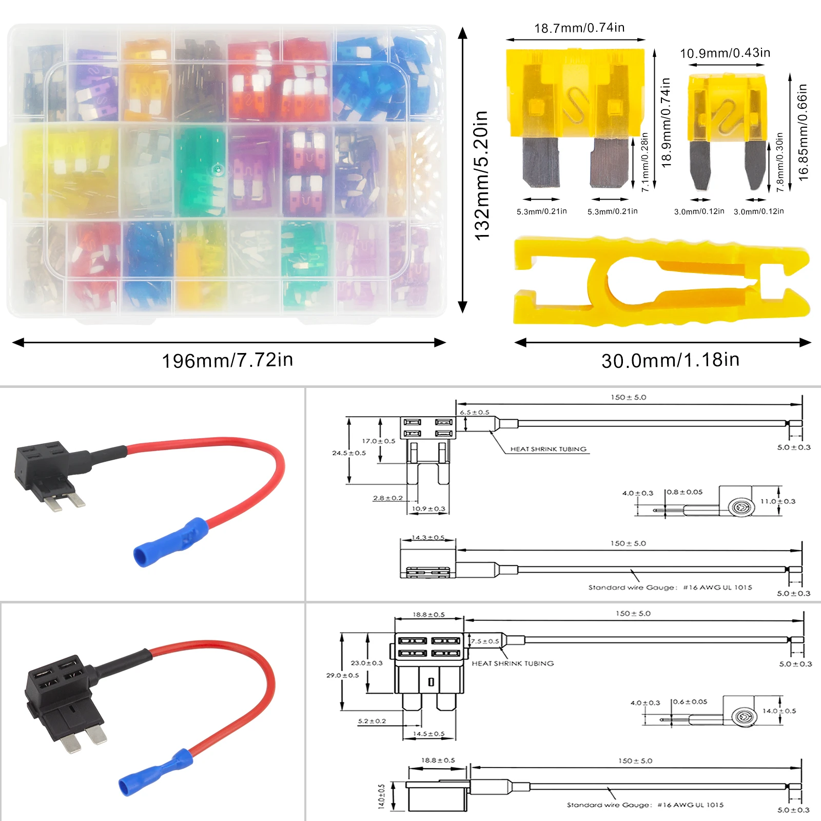 URMECCH Car Fuses Assortment Kit, Blade-Type Automotive Fuses - Standard & Mini Size With Add-a-Circuit Fuse Adapter -1x Removal