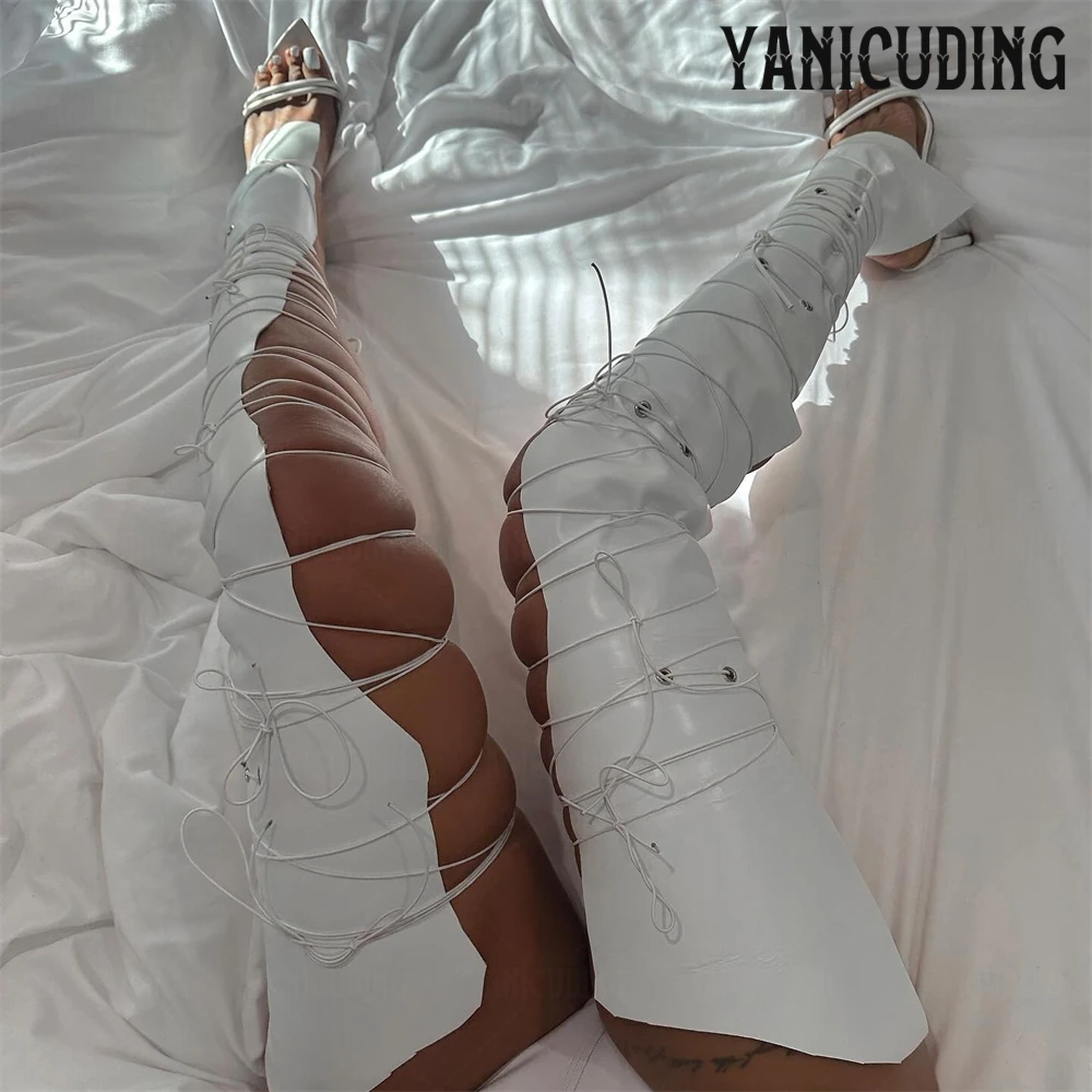 Thigh High Hide Lace U.S Sandal Boots Separate Leather Elastic Cord Lace up Ties Summer Boots Sexy Novelty Style Strappy Sandals