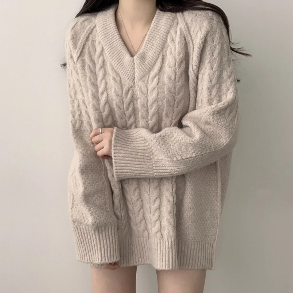 

Chic Autumn Winter V-Ne Loose Women's Knitted Sweater Soft Cozy Long Sve Korean Sle Commute Faion Versatile Medium L...