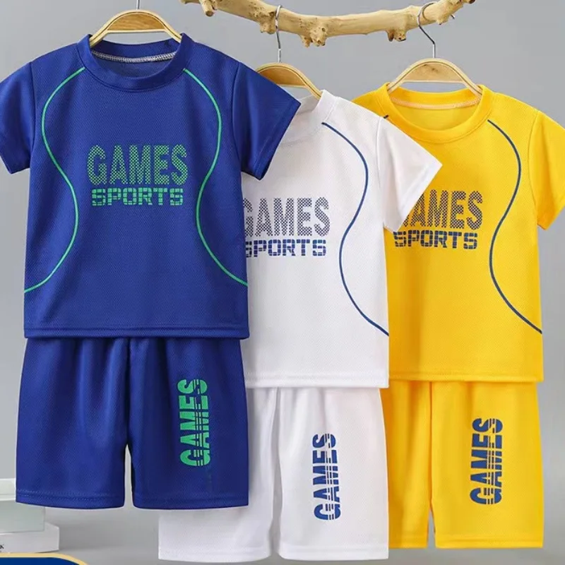 Children Boy & Girl Quick Dry Tracksuit Kids Letter Jerseys Short Sleeve Tshirt Top and Shorts 2pcs sportswear