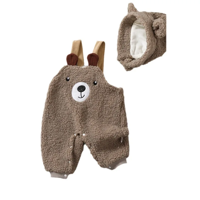 0-3T Infant Winter Warm Fleece-Lined Overalls with hats Baby Boys&Girls Thermal Padded Jumpsuit Cute Infant Toddler Romper Pants