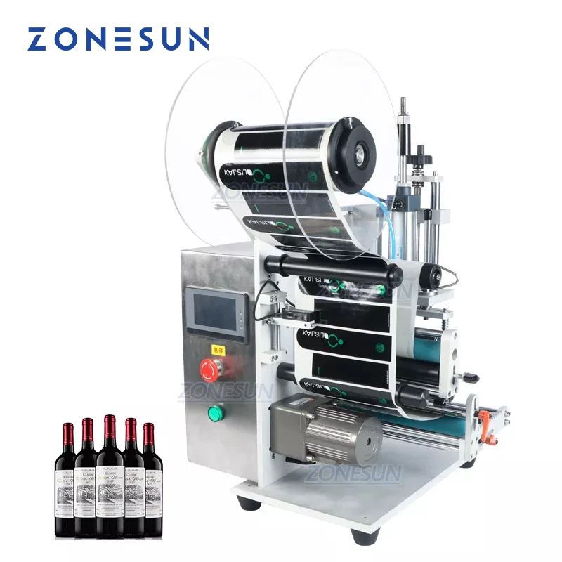 ZONESUN Desktop Semi-automatic Beverage Round Wine Bottle Double Side Labeling Machine Label Sticking Machine