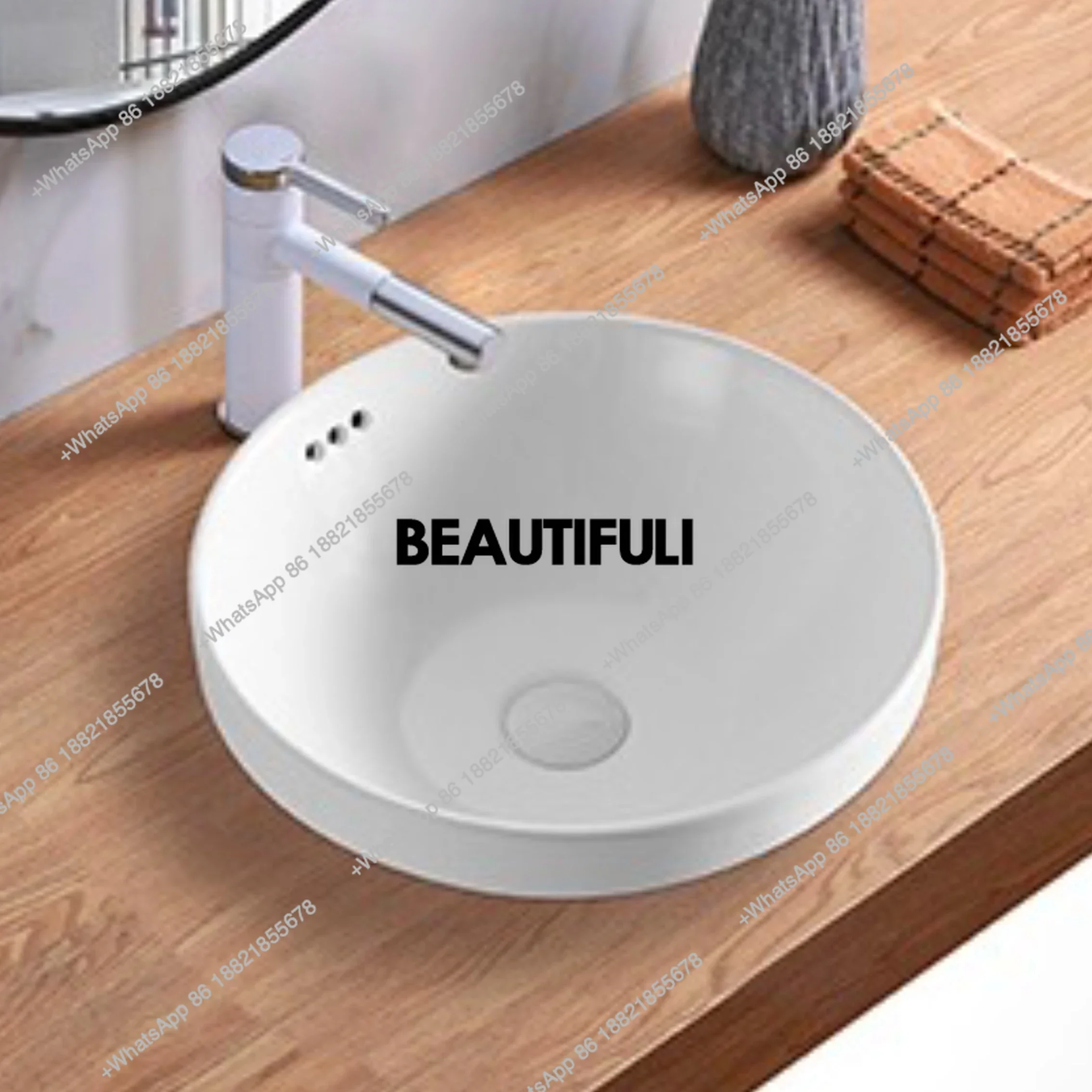 

RR Taichung Basin Semi-Counter Sink Ceramic Countertop Basin Household Bathroom Washbasin Round Wash Basin With Faucet Strainer