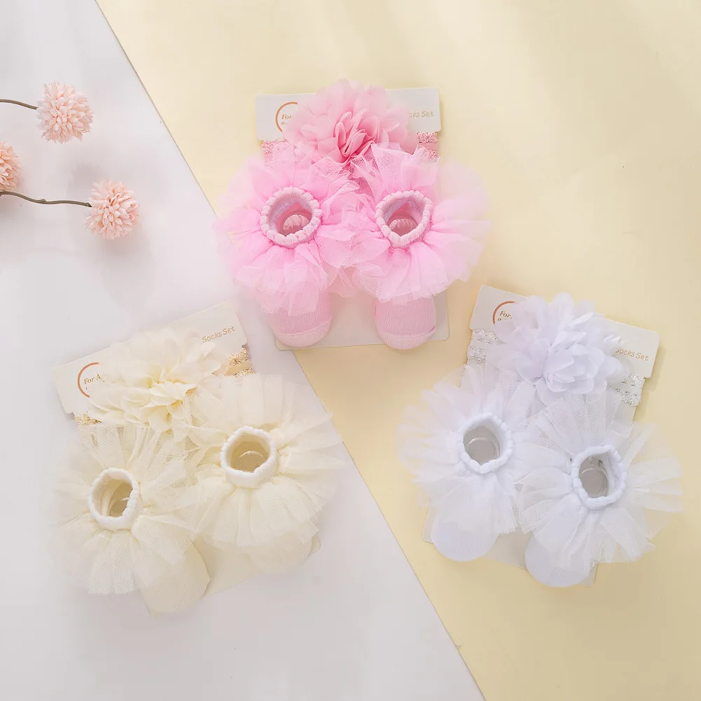 3Pcs/Set Organza Flower Lace Baby Headbands Socks 0-12M Cotton Anti Slip Solid Newborn Toddler Sock Bow Caps Headwraps