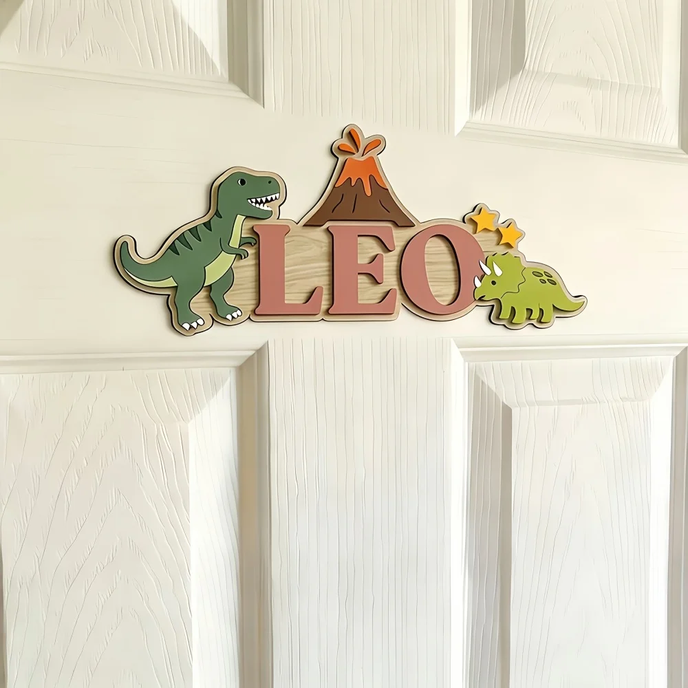 Wooden Double-Layer Custom Name Door Plaque, Dinosaur Volcano Cartoon Style, Room Bedroom Wall Hanging Decoration,Exclusive Gift image 3