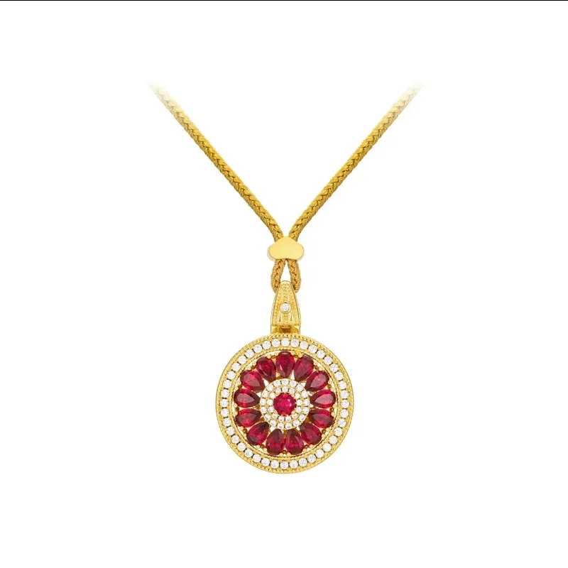 

Ancient Sand Gold Ruby Rose Window Pendant Imitation Gold Diamond Red Corundum Rotating Eight Treasures Compass Necklace Female