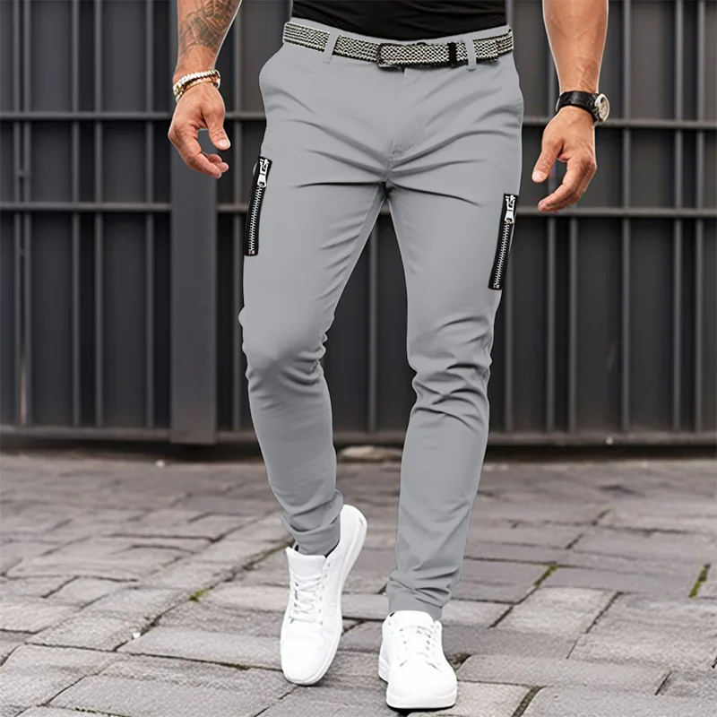 Men\'s Fashion Slim Fit Hip Hop Pants All Seasons Cotton Cool Casual Sports Pants Street Zipper Decoration Straight Leg Pants