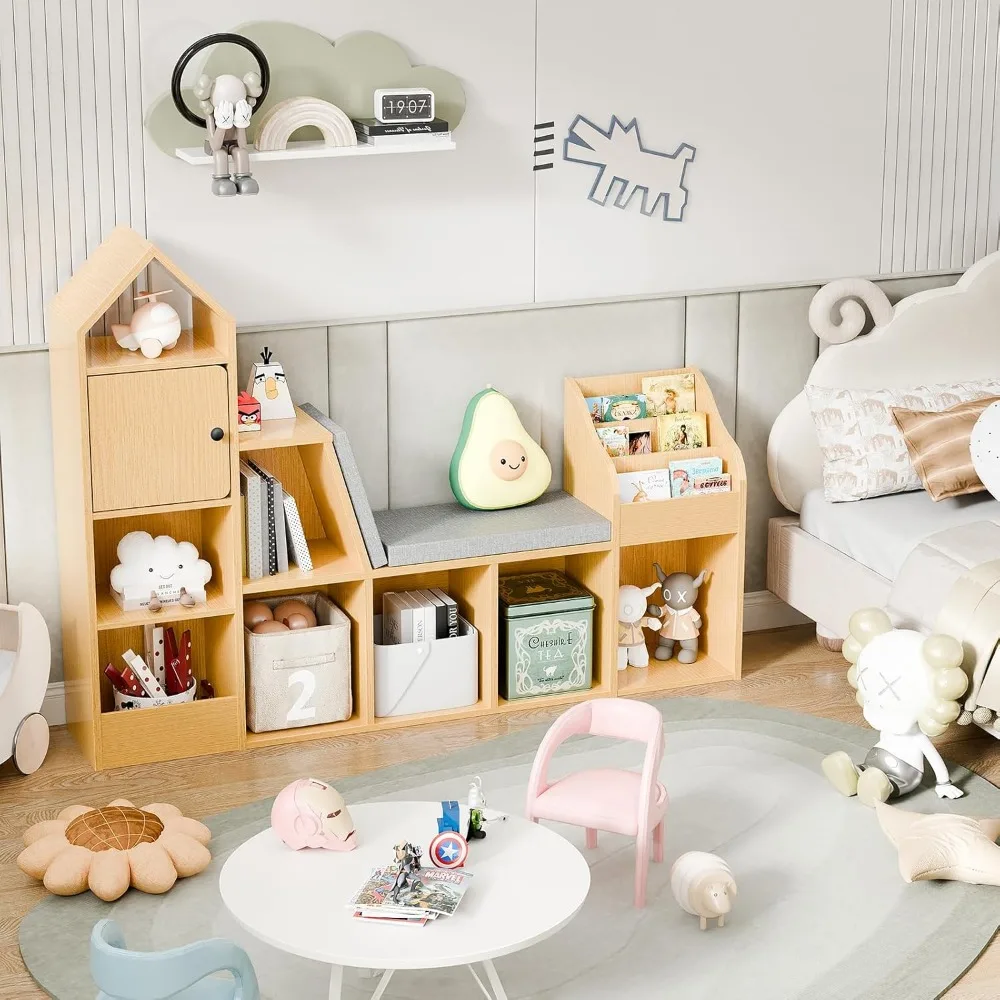 Kids Reading Nook with Bench - Bookshelf & Bookcase with Seat Cushion, 7 Opening Storage Cubbies,  Toy Storage Box and Chest