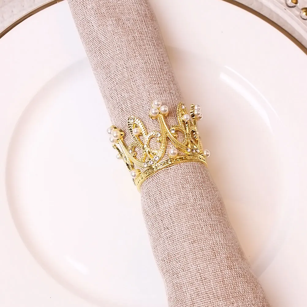 

12Pcs Luxury Crown Napkin Rings with Pearls Metal Napkin Buckles for Formal Event Casual Gathering Table Ornament