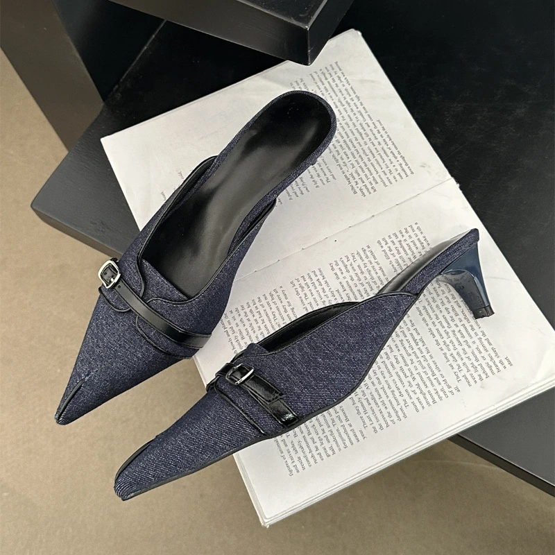 Women Summers Slingback Sandals Pointed Low Heel Mueller Slippers Female Belt Buckle Designer Offices Jeans Thin Heel Slippers