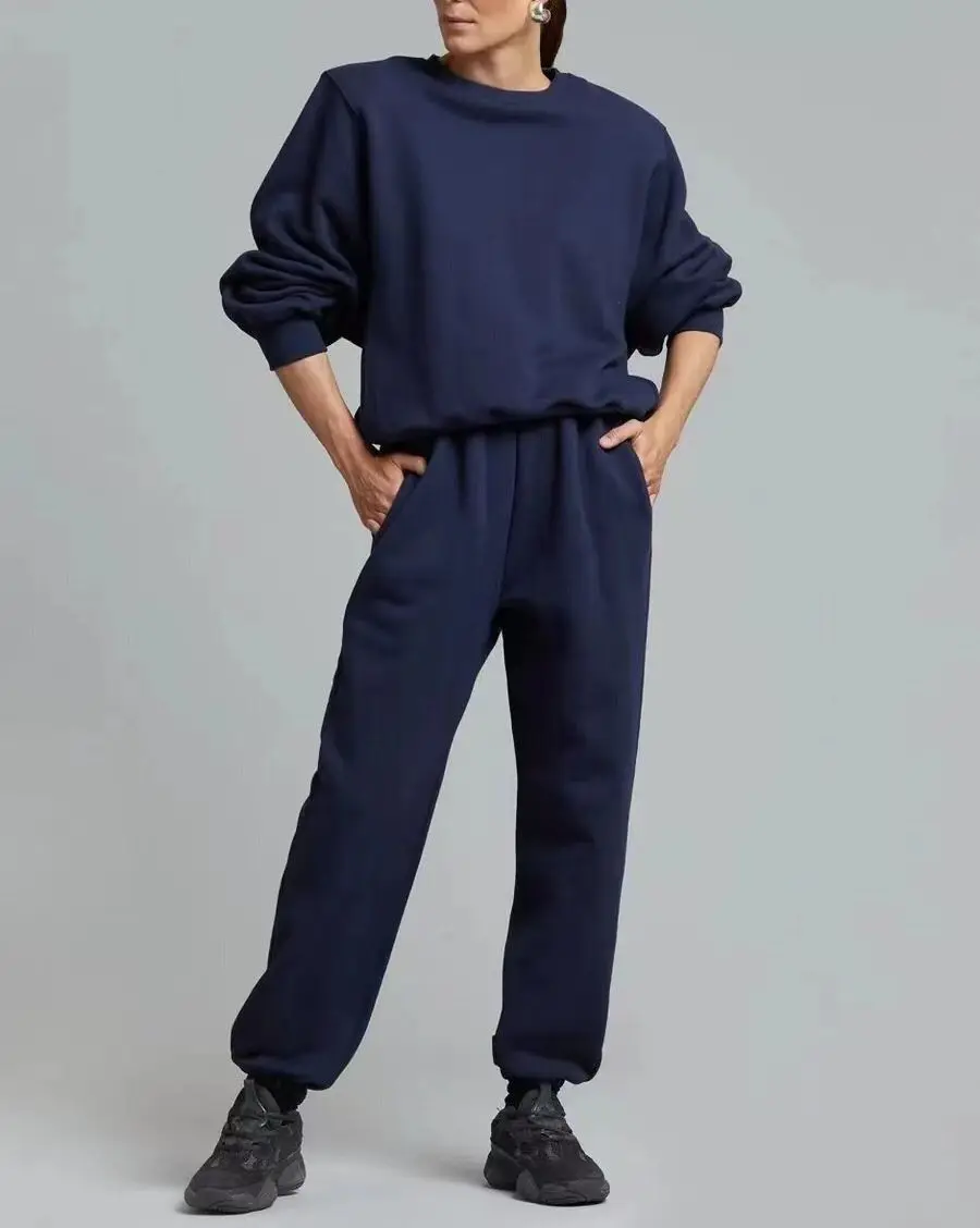 Women Casual Sweatshirt With Shoulder Pads and  Elastic Waist Long Pants Sweatpants Suit Set