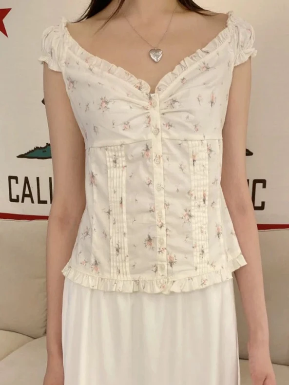 

Pink Floral Print Slim Blouse T-shirt Women New Ruffle V-neck Pleated Single Breasted Preppy Style Sweet Puff Sleeve Shirts Tops