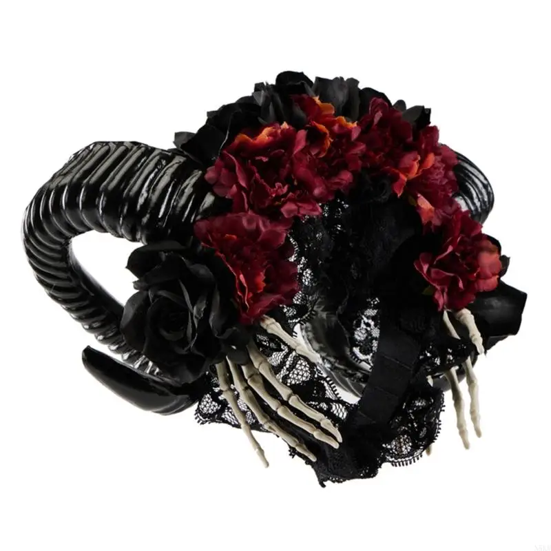 

N5KB Devil Horn Headbands with Flower Headpieces for Halloween Cosplay