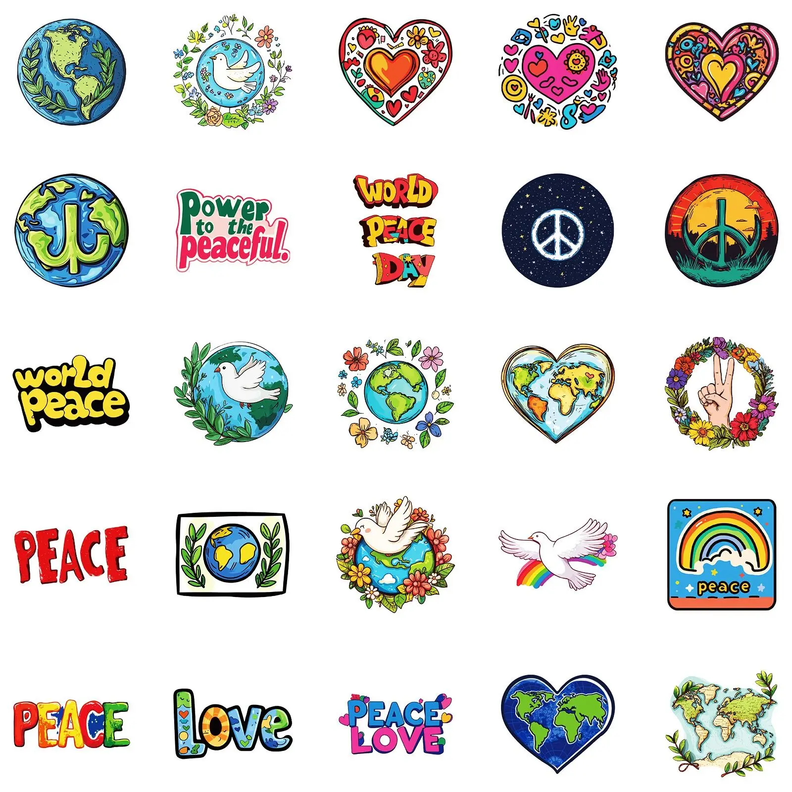 Hippies estilo adesivos para DIY, paz mundial e amor, decalques dos desenhos animados, proteger a terra, decalques para laptop, telefone, bagagem, skates, diário, 10 pcs, 50pcs