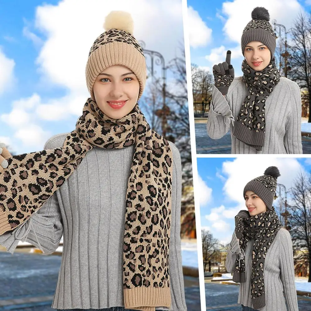 Autumn Winter Cold Resistant Knitted Hat Set For Women Leopard Print Outdoor Warm Woolen Hat Scarf Gloves Three Piece Set D6U2