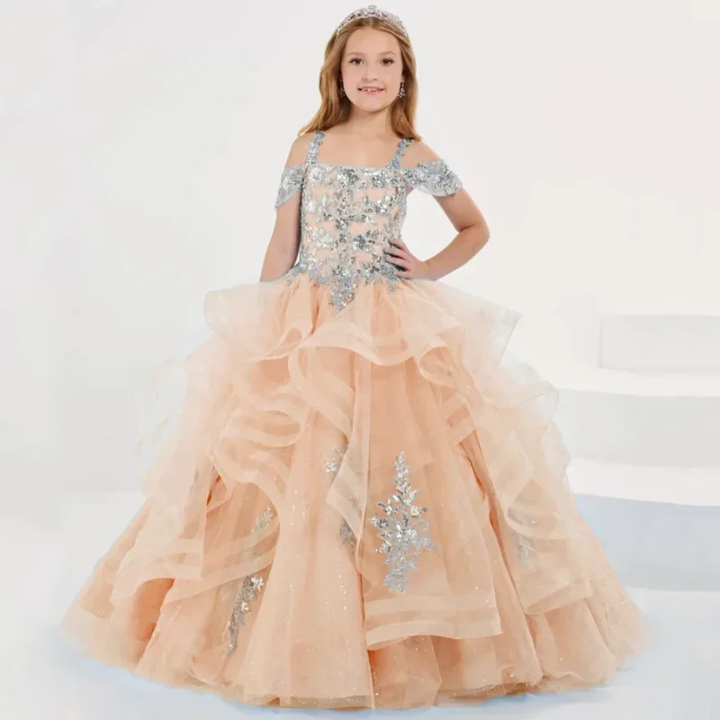 Vestidos de niña de flores sin mangas para boda, fiesta de cumpleaños, banquete, vestidos de princesa, tul azul cielo, apliques de flor plateada escalonados