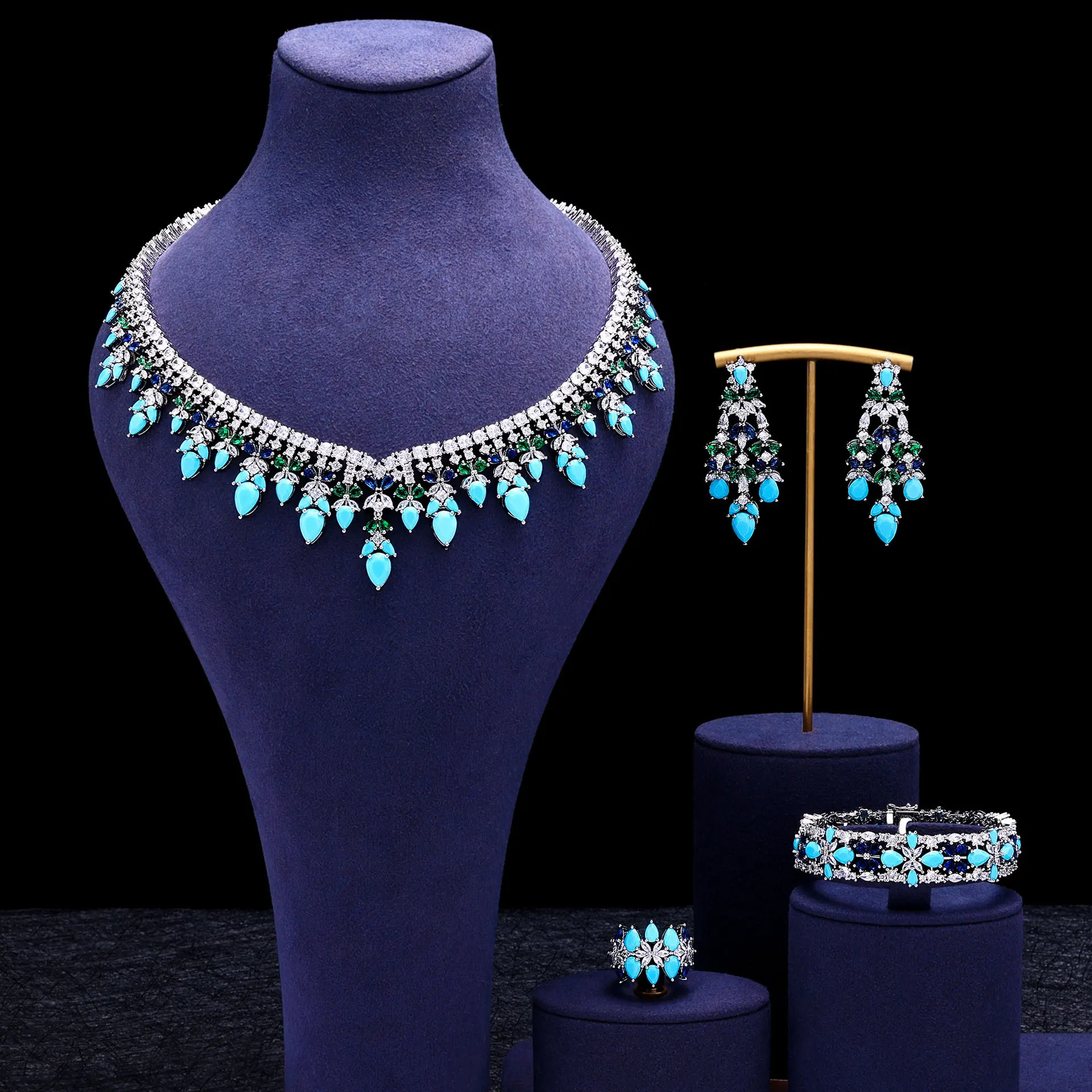 Christmas Gifts Copper Inlaid Turquoise Heart Water Drop Tassel 4Pcs Jewelry Set Necklace Earrings Ring Bracelet Women Accessory