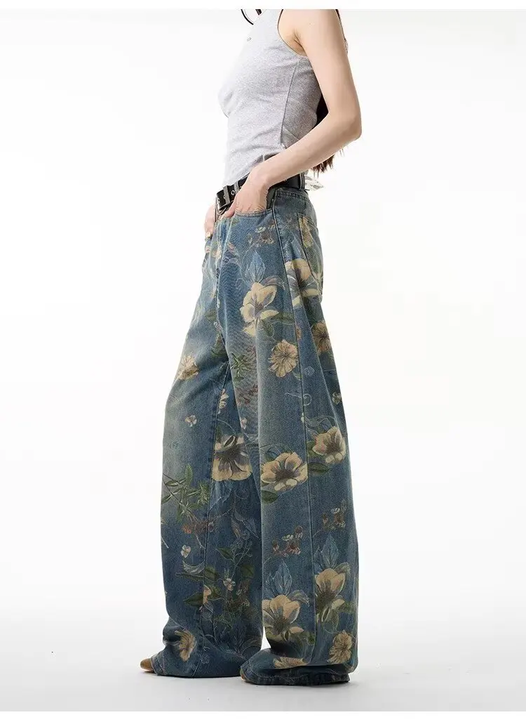 Women Print Jeans Wide Leg Pants High Waist Full Length Jeans Women Loose Straight Floor-length Mopping Long Pants
