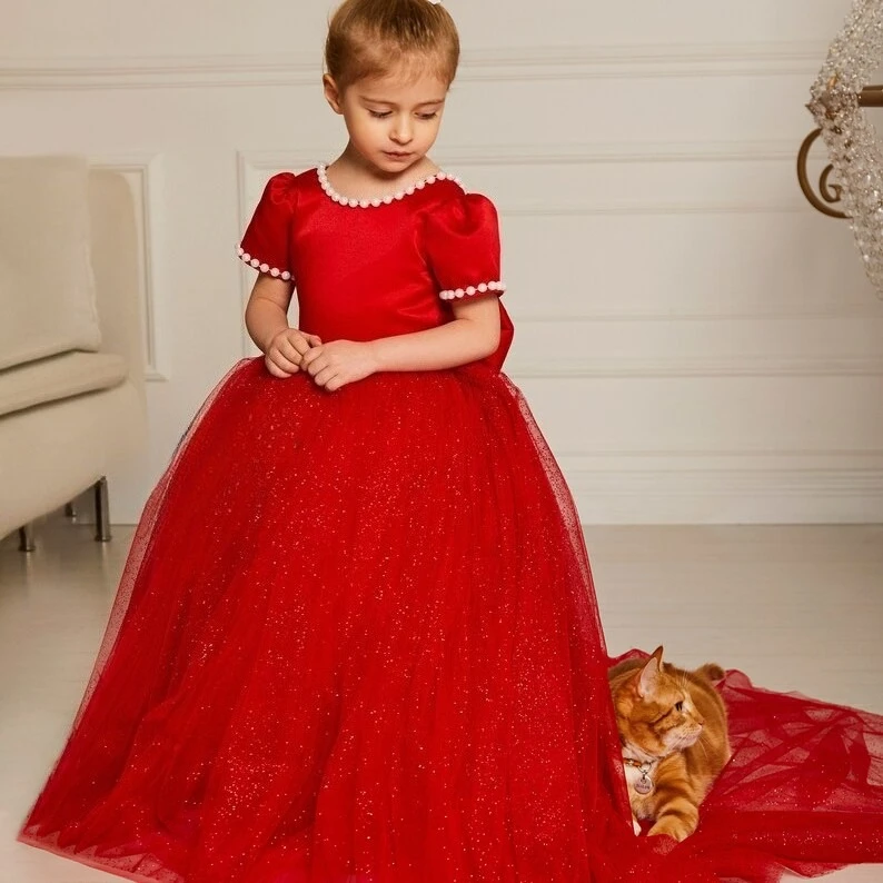 Tüll Blumenmädchenkleid Schleppe Tutu Rot Junior Brautjungfernkleid Langes Geburtstagsmädchenkleid Ballkleid Festzugskleider für Mädchen