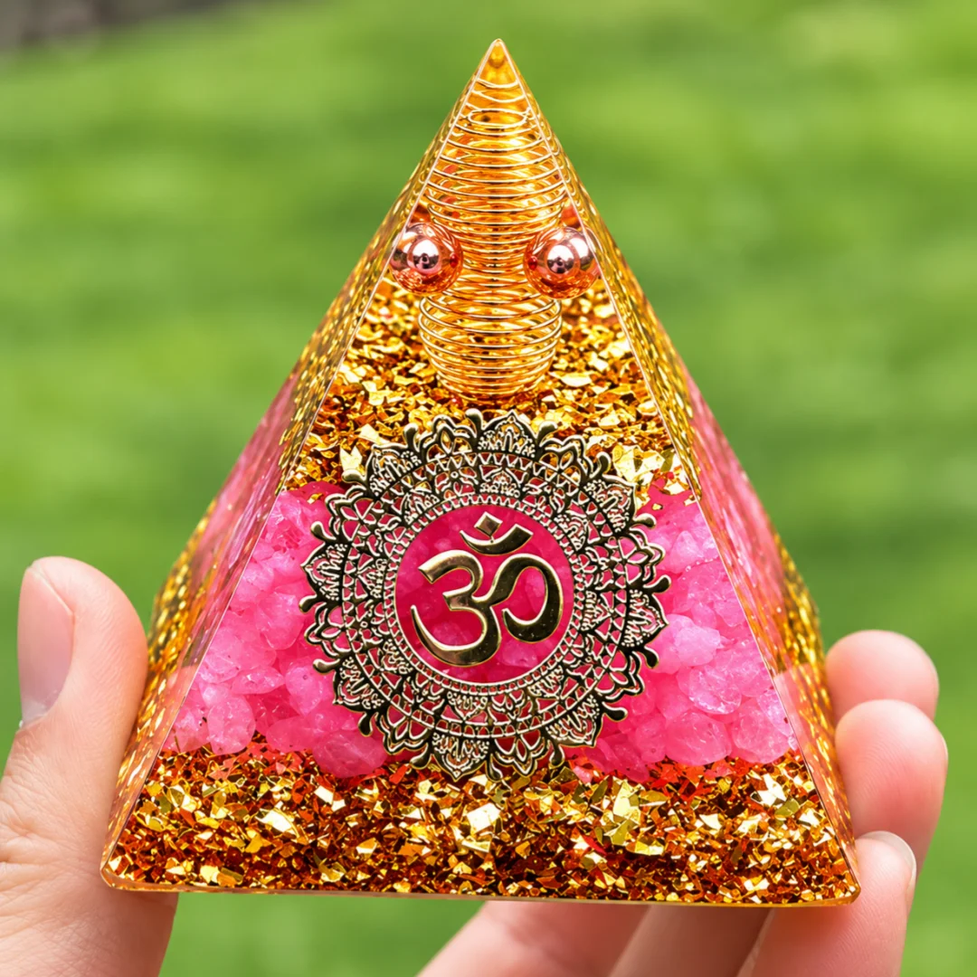 Orgonite Pyramid OM Symbol Mandala Pink Crystal Chips Gold Foil Copper Spiral Generator Resin Home Desk Decor Spiritual Gift