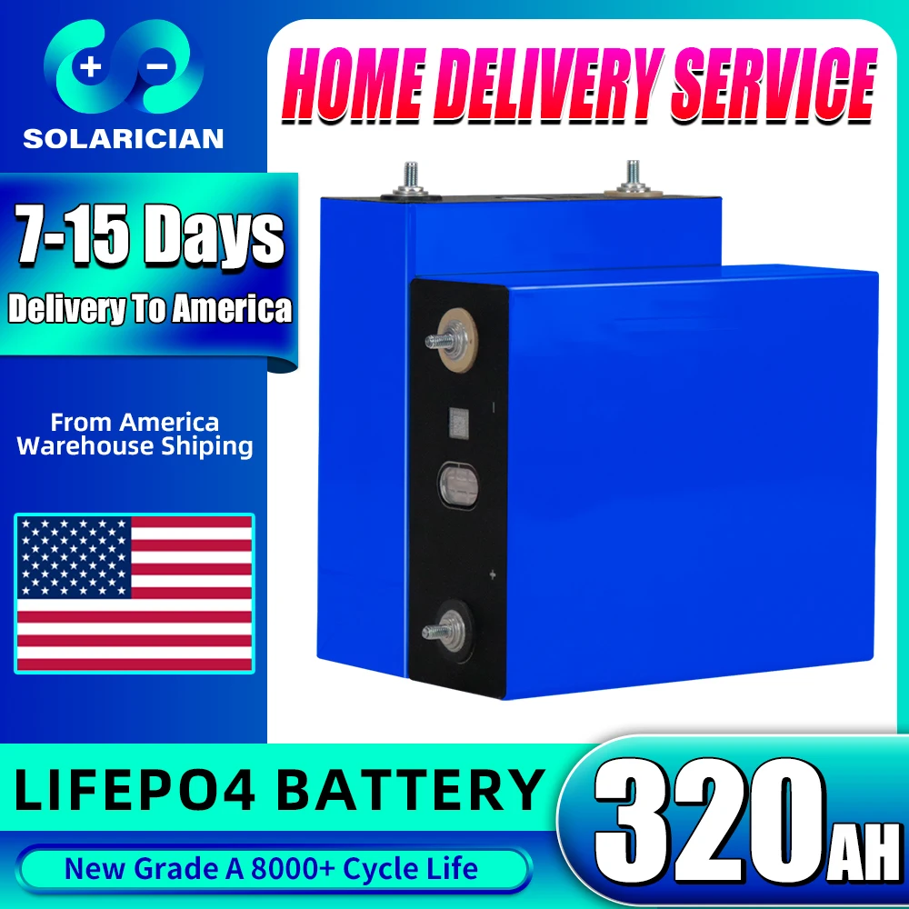 

8000+ Cycles 320Ah LiFePO4 Battery Grade A 3.2V Lithium Iron Phosphate Rechargeable Cell DIY 12V 24V 48V RV Boat Golf Cart Solar