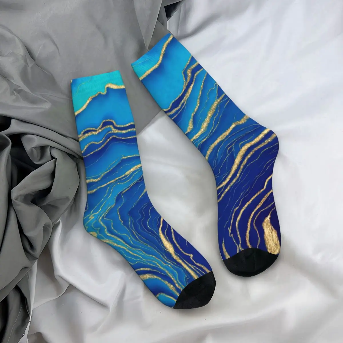 Blaue und goldene flüssige Socken, Marmor, abstrakte Kunst, lässige Strümpfe, Winter, rutschfeste Mädchensocken, atmungsaktive Laufsportsocken