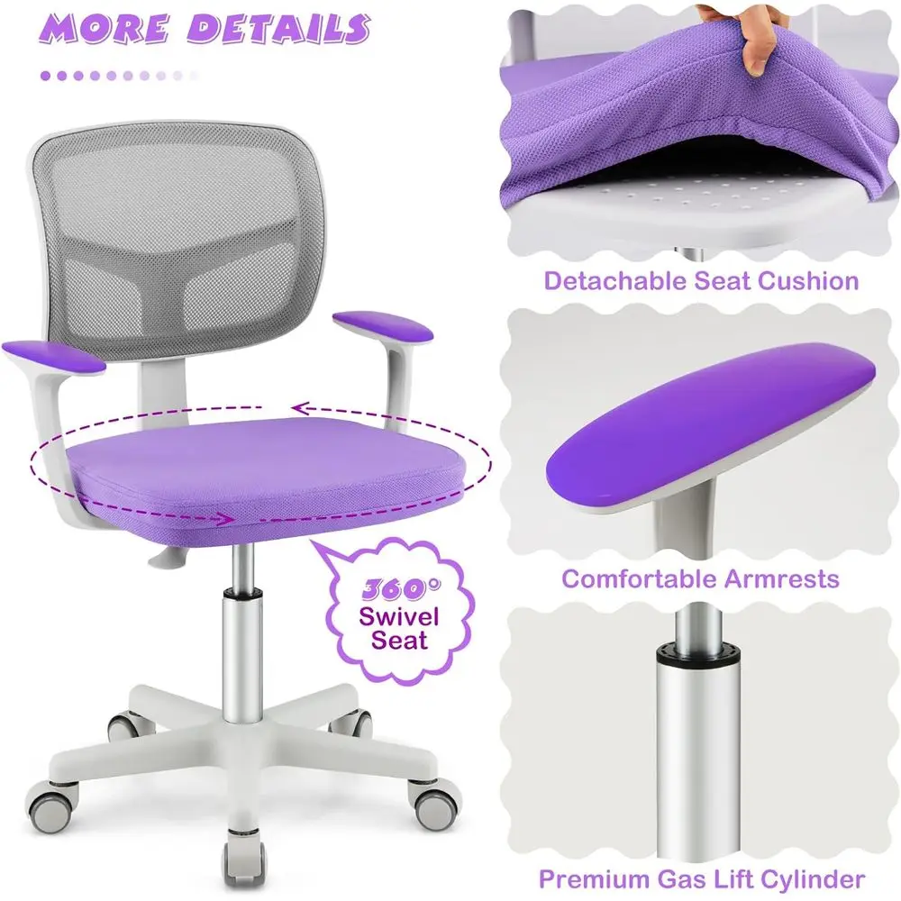 كرسي دراسة للأطفال قابل للتعديل بأذرع وعجلات، كرسي دوار مريح للأعمار من 4 إلى 12 عامًا، أرجواني #5