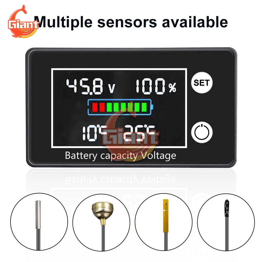 DC 10V-100V Digital Battery Voltmeter Volt Temp Battery Monitor Lead-acid Lithium Battery Capacity Indicator 12V 24V 48V 72V 84V