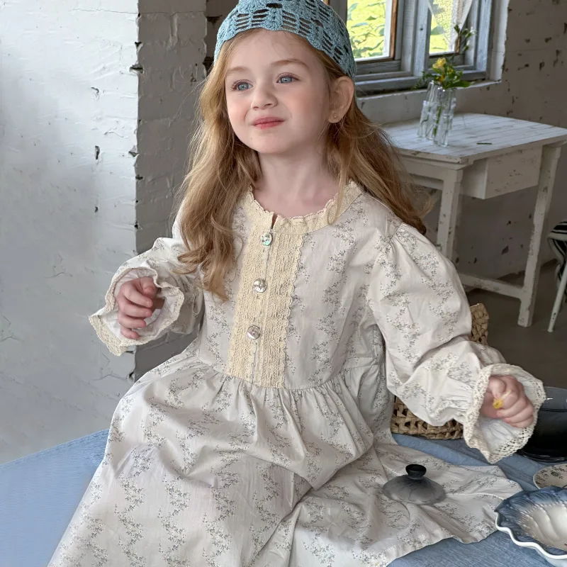 Korea Fashion Girls Floral Dress Lace O-neck Patch Shell Button A-Line Cotton Dresses 2-6Y Children Spring Autumn Soft Dress