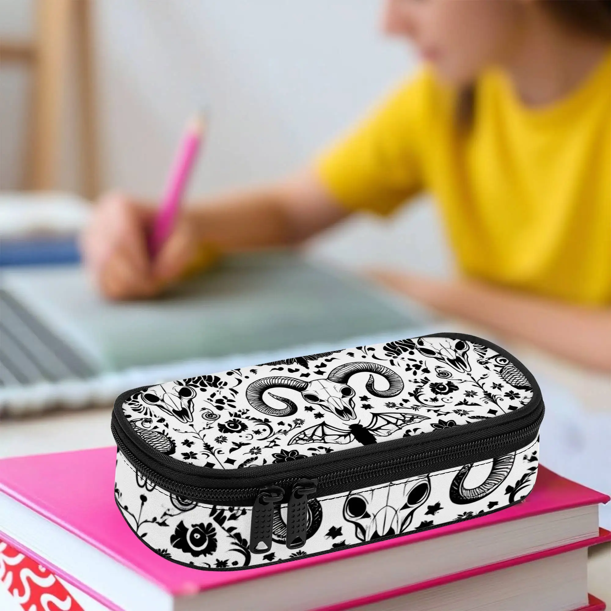 Pencil Case Featuring a Ram Skull with Floral And Butterfly Designs, Gothic Bones Pencil Pouch, Mystic Horns Pencil Bag