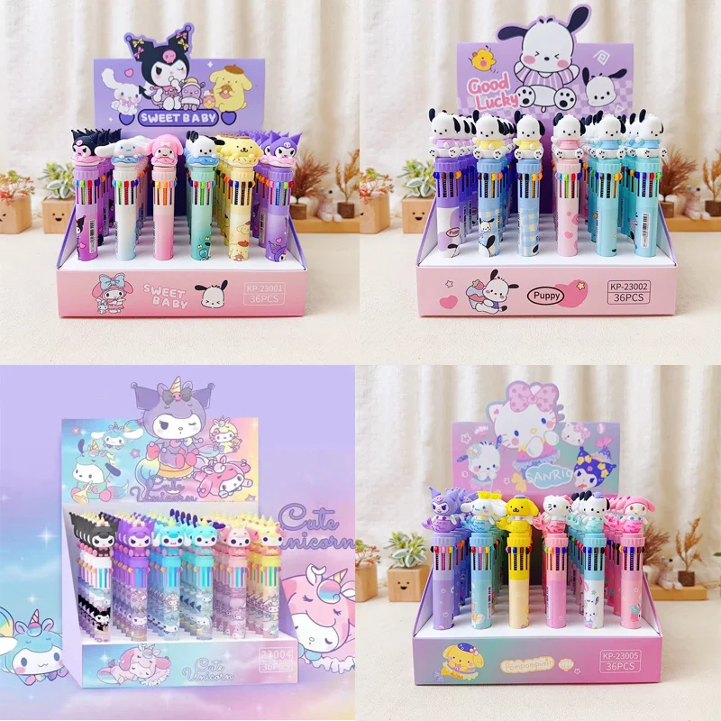 

Sanrio Ballpoint Pen 36pcs Cartoon Kuromi Melody 10 Colors 0.7mm Student Stationery Writing Tool Cute Multicolor Ballpoint Pen