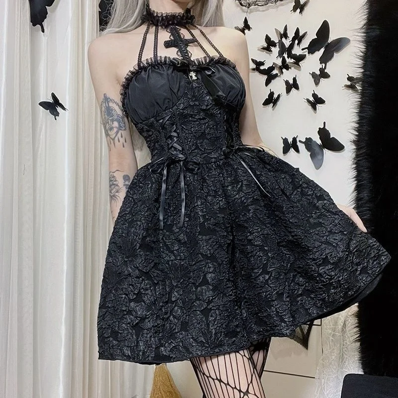 

DARKLOOKS Dark Black Heavy Industry Jacquard Design Sense Cross Neck Hanging Lace Sweet Cool Waist A-line Princess Dress