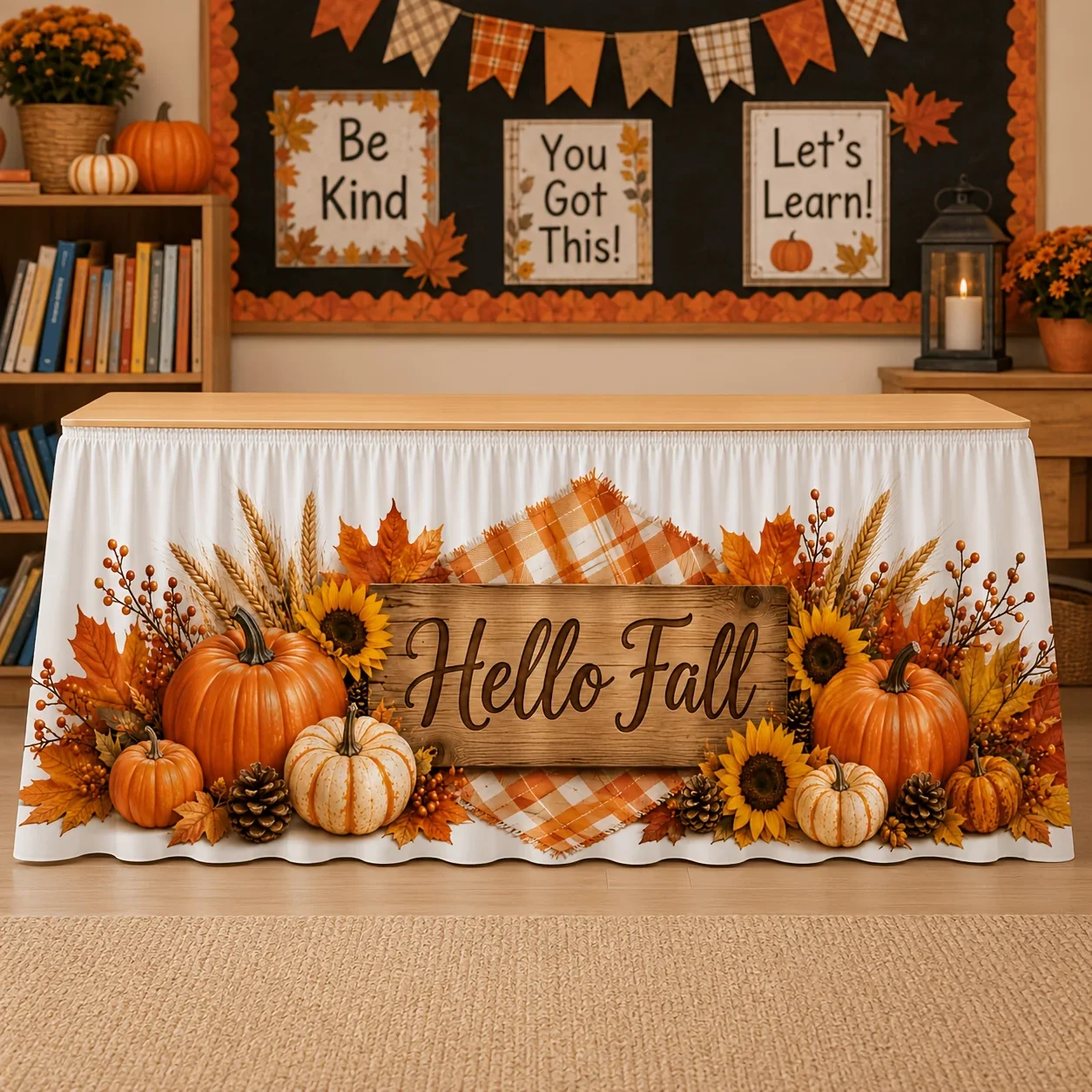 1 piece - Hello Autumn, Pumpkin, Sunflower, Maple Leaf, Orange Checkered Autumn Harvest Tablecloth