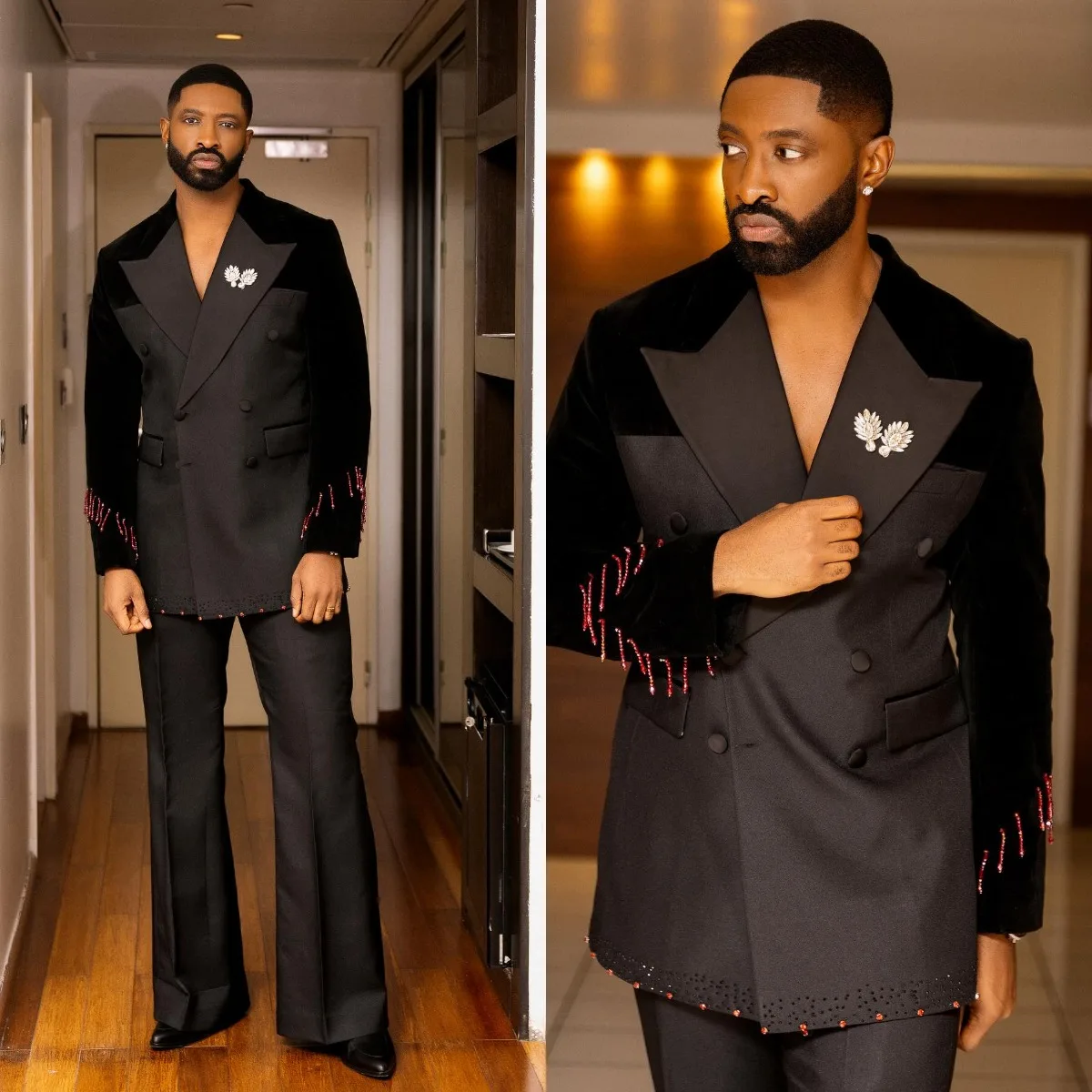 2 Piece Men Banquet Suits Luxury Beaded Crystal Peaked Lapel Double Breasted Formal Set Customized Slim Fit Formal Prom Wear