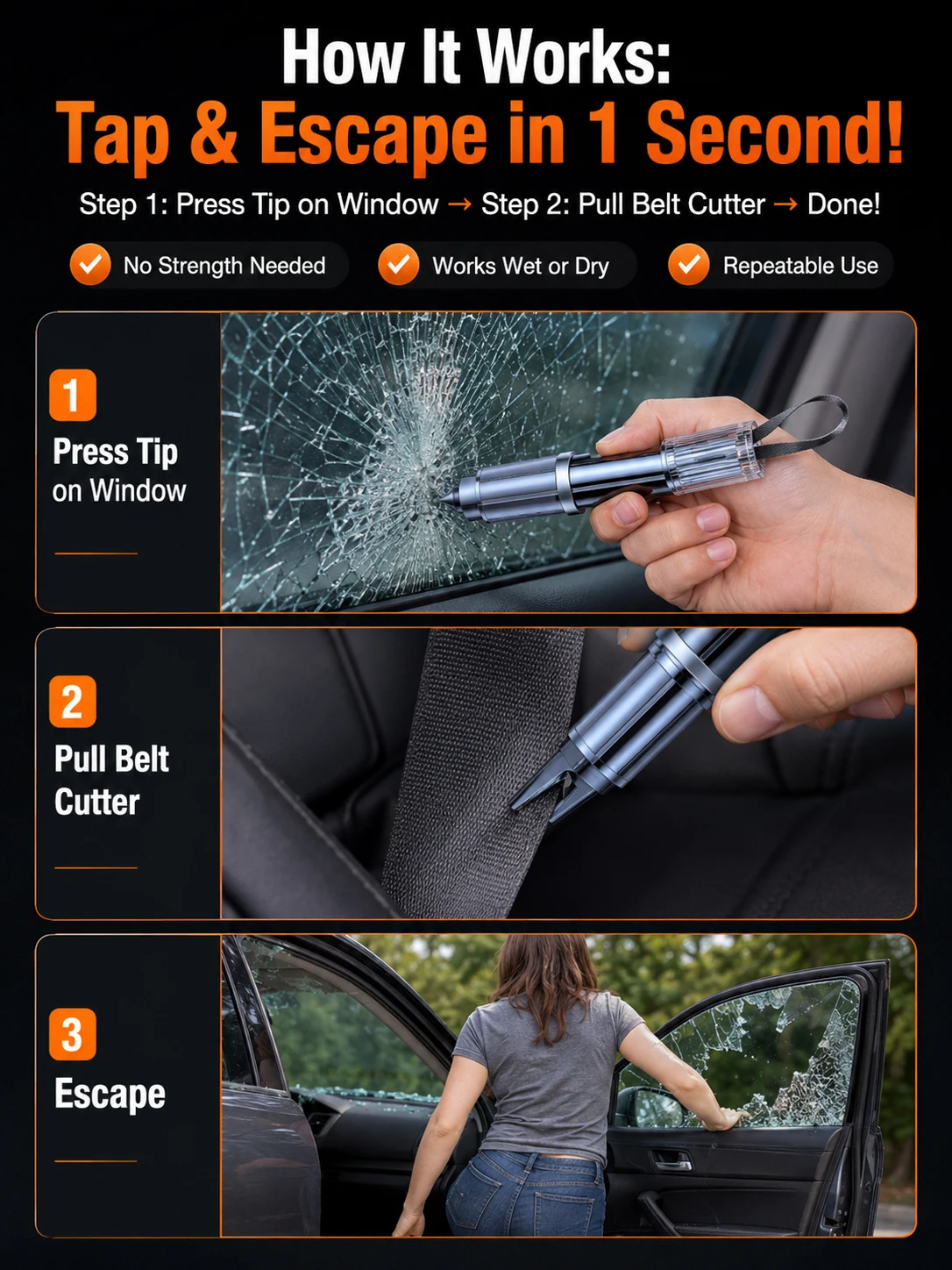 2 in 1 Car Window Breaker and Seat Belt Cutter, Tungsten Steel Emergency Escape Safety Hammer view 6