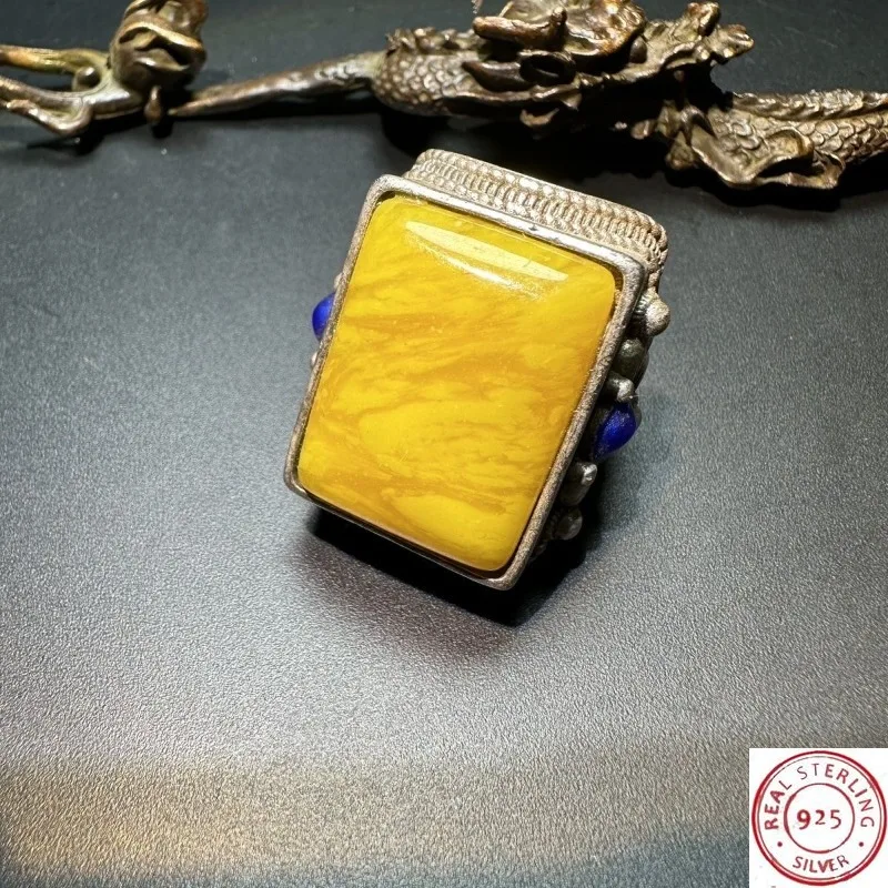 

S925 Sterling Silver Vintage Beeswax Inlaid Double Blessing Ring, Square Enamel Open Band, Retro Silver Jewelry