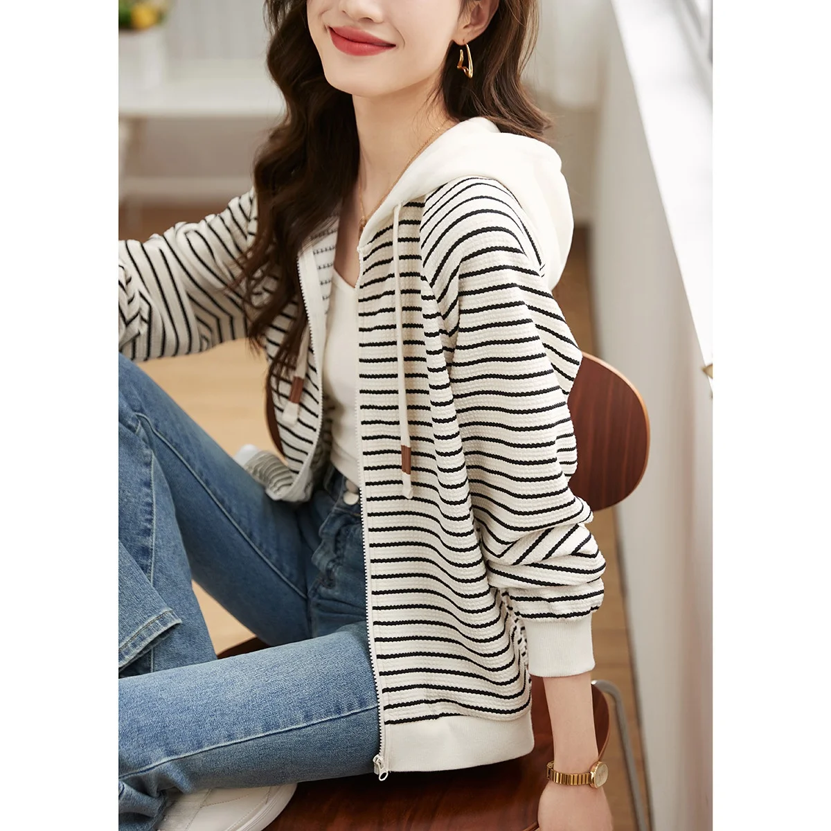 Faionable Striped Casual Hoodie Women's Knitted Cardigan Spring Autumn High End European Sle Commute Sle Polyester Cott...
