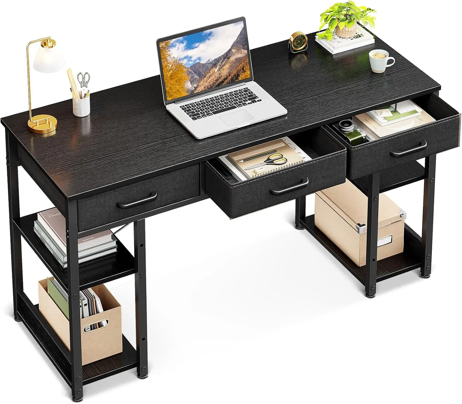 

Small Office Desk with Fabric Drawers, Computer Desk with Storage Shelves, Modern Writing Table, 48" Home Desk, Deep Black