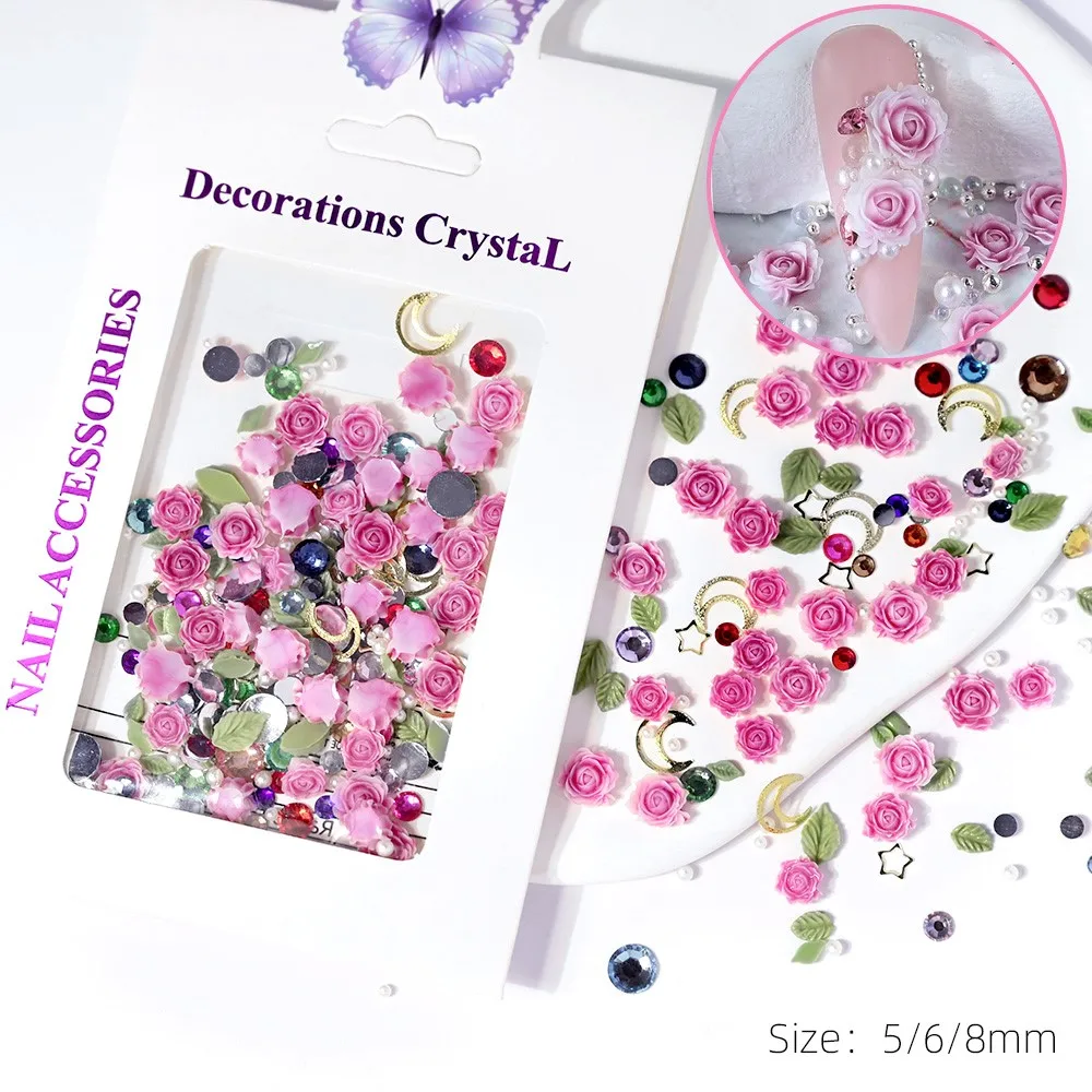 3D Camellias Rose Flower Nail Art Charms - 10g/Bag Mixed Leaves Flower Pearl Nail Rhinestones for Acrylic Nails DIY Decoration