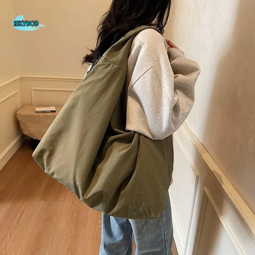 

Casual Nylon Shoulder Bag Double Zipper Design Multi-Pocket Versatile Commuting Handbag Polyester Solid Color Storage Pouch